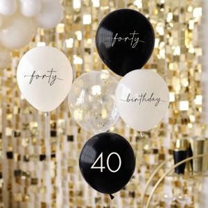 Verjaardag ballon set 40 jaar chique zwart wit met gouden backdrop