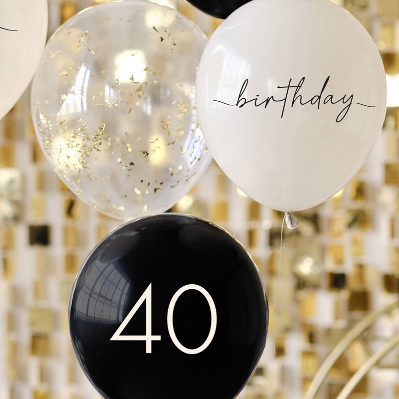 Ballon verjaardag set 40 jaar chique zwart wit met gouden backdrop
