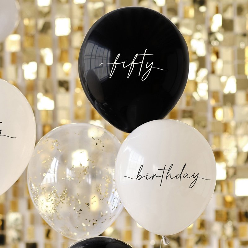 Ballon verjaardag set 50 jaar chique zwart wit met gouden backdrop