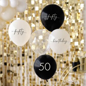 Verjaardag ballon set 50 jaar chique zwart wit met gouden backdrop