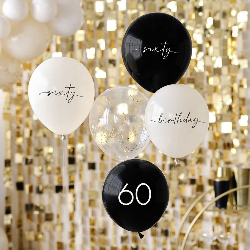 Verjaardag ballon set 60 jaar chique zwart wit met gouden backdrop